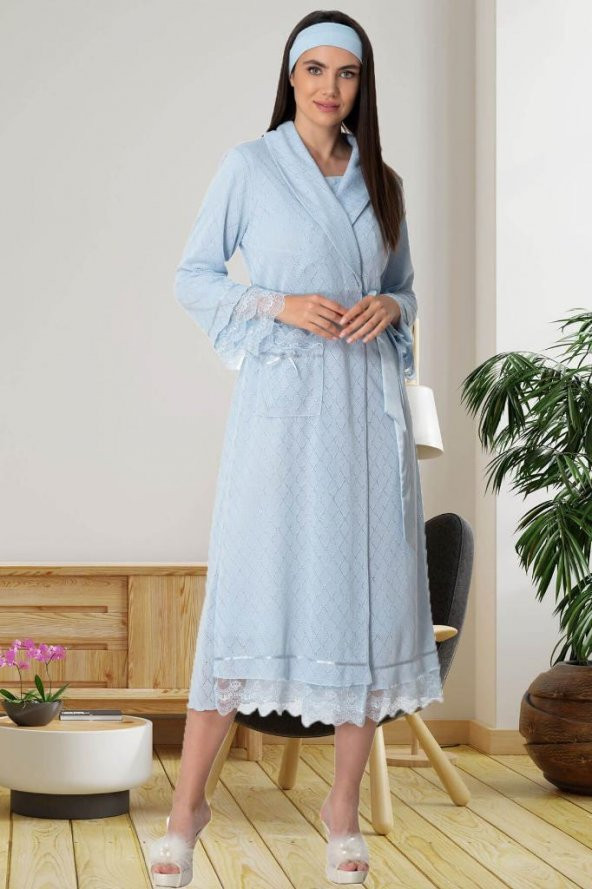 Mecit 5571 Mavi Dört Parça Pijama, Gecelik, Sabahlık Lohusa Seti - 2