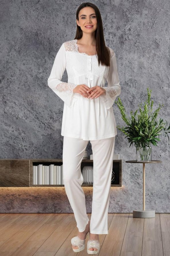 Mecit 5526 Ekru Dantel Kol Lohusa Pijama Takımı