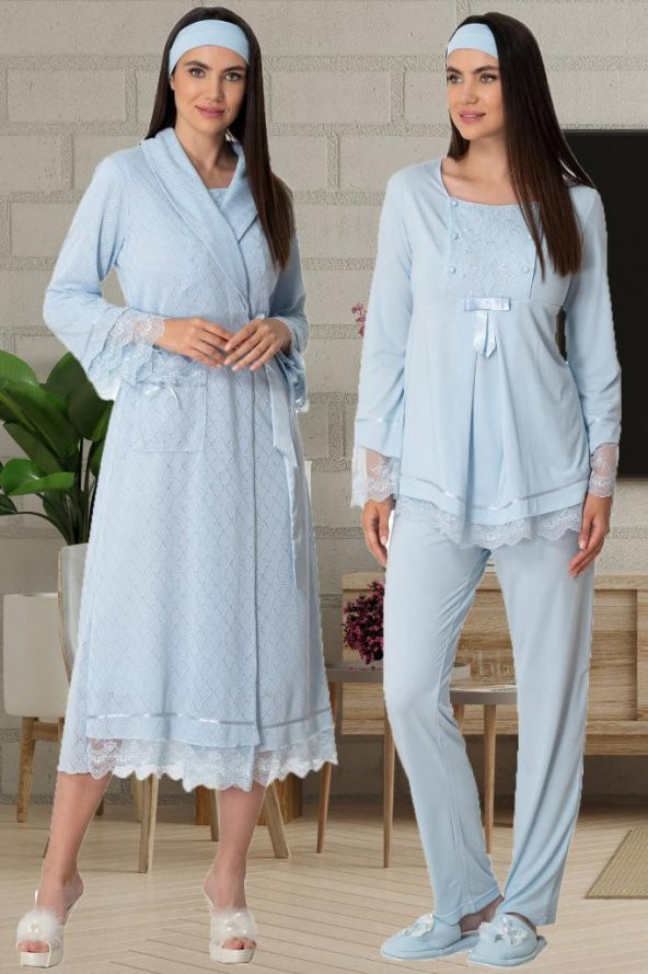 Mecit 5571 Mavi Dört Parça Pijama, Gecelik, Sabahlık Lohusa Seti - 5
