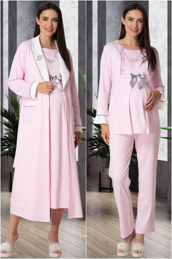 Mecit 5556 Pembe Sabahlık Pijama Gecelik Lohusa Set - 5