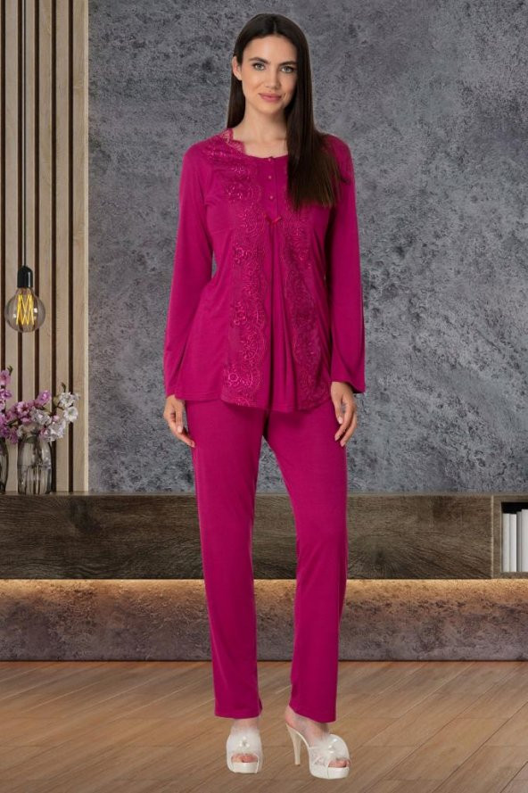 Mecit 5563 Fuşya Dantelli Sabahlıklı Lohusa Pijama Takımı - 2