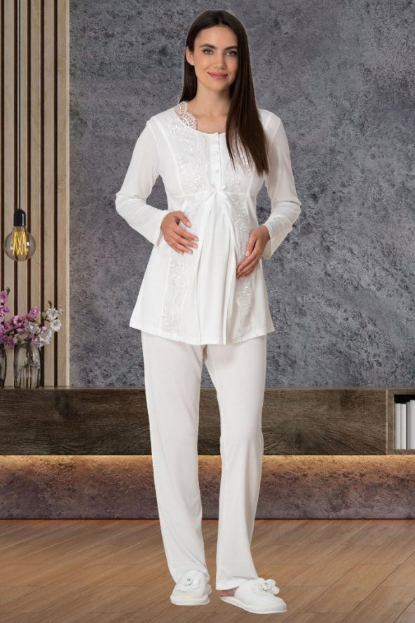 Mecit 5563 Ekru Dantelli Sabahlıklı Lohusa Pijama Takımı - 2