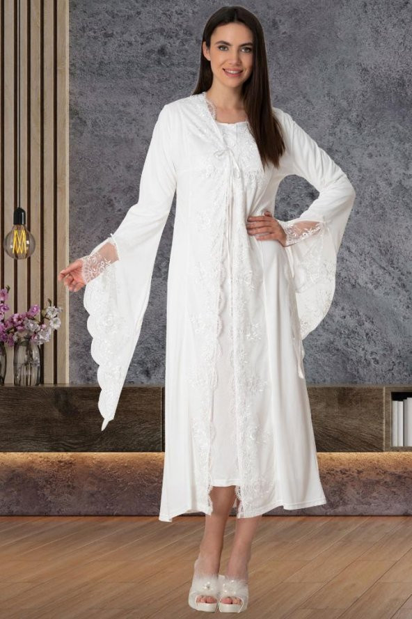Mecit 5565 Ekru Sabahlık Pijama Gecelik Lohusa Set - 6