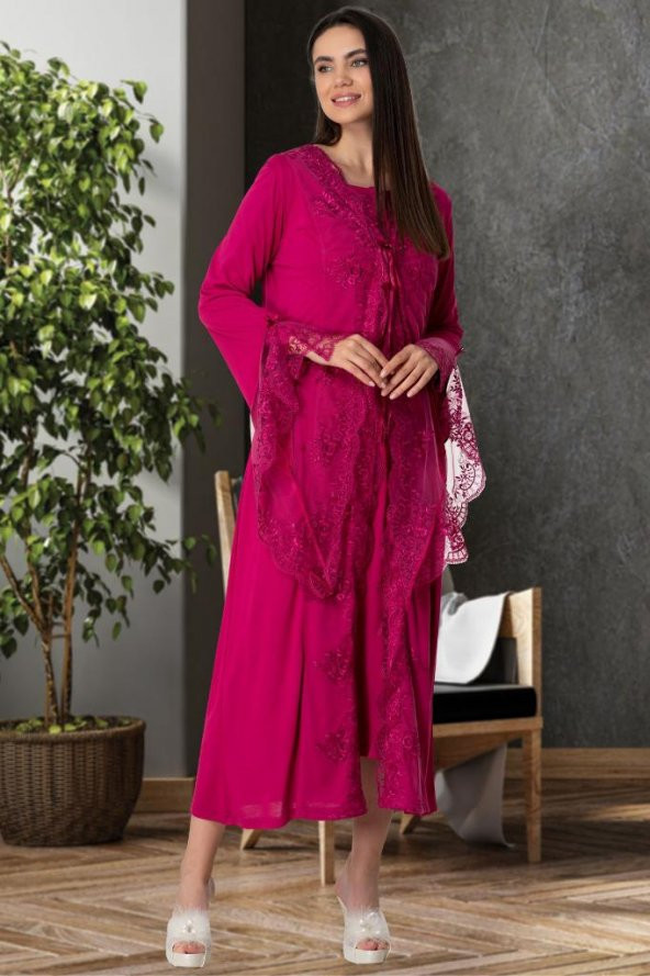 Mecit 5536 Fuşya Dantelli Kadın Sabahlık - 2