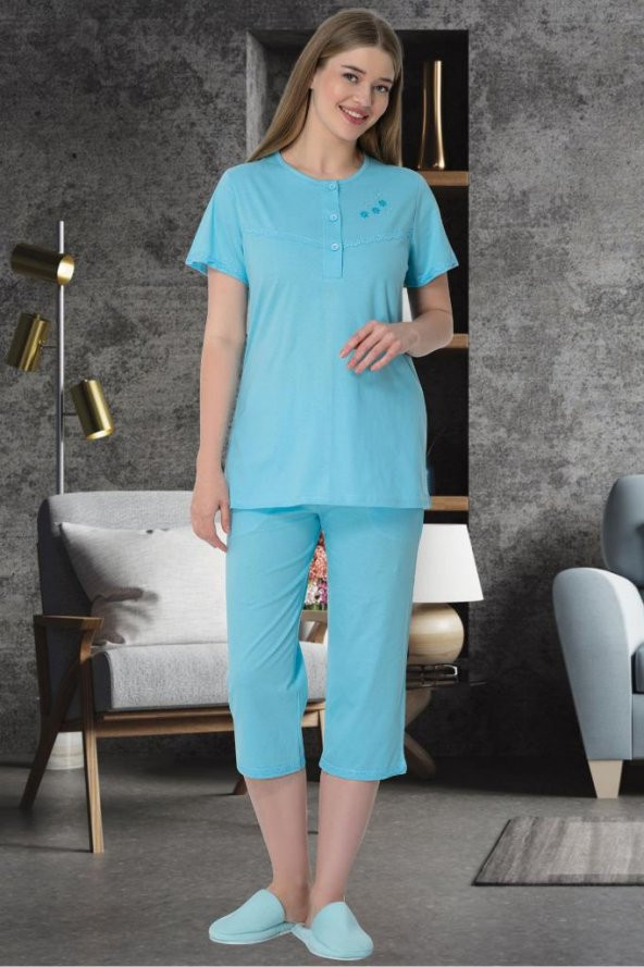 Mecit 5641 Mavi Büyük Beden Capri Kadın Pijama Takımı