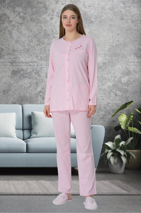 Mecit 5638 Pembe Büyük Beden Boydan Düğmeli Kadın Pijama Takımı - 2
