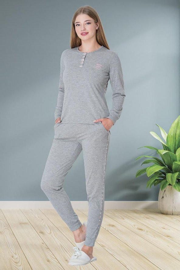 Mecit 5728 Pembe Çizgili Gri Kadın Spor Pijama Takımı