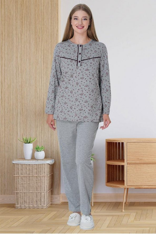 Mecit 5740 Pembe Çiçekli Gri Büyük Beden Kadın Pijama Takımı