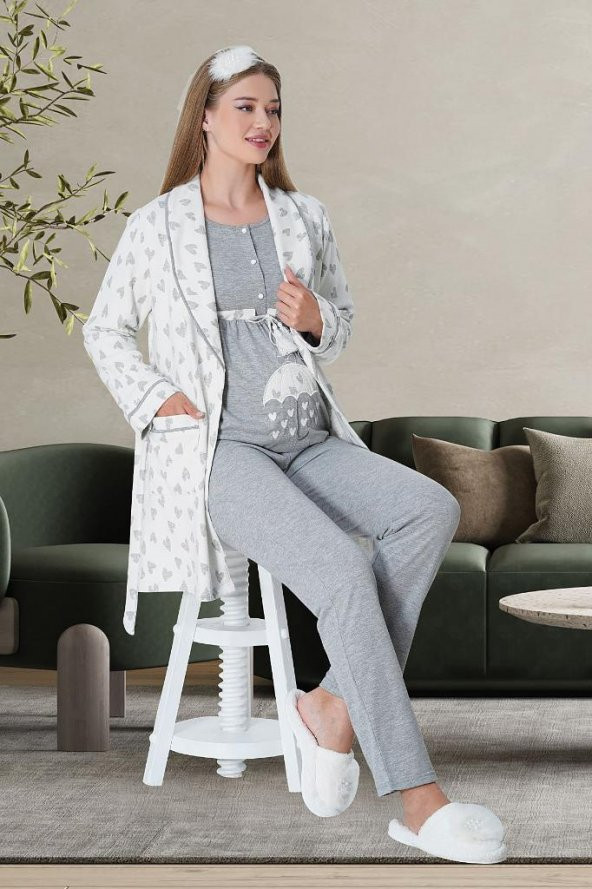 Mecit 5706 Gri Sabahlıklı Lohusa Pijama Takımı - 3