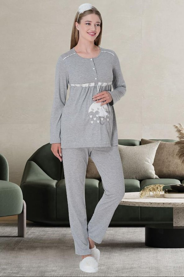 Mecit 5706 Gri Sabahlıklı Lohusa Pijama Takımı - 4