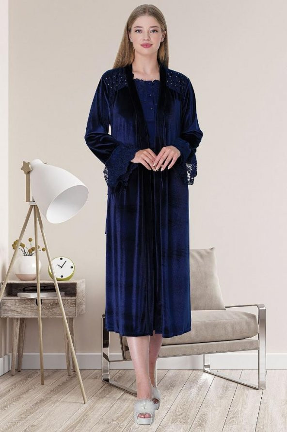 Mecit 5724 Lacivert Kadın Kadife Sabahlık Pijama Gecelik Set - 2