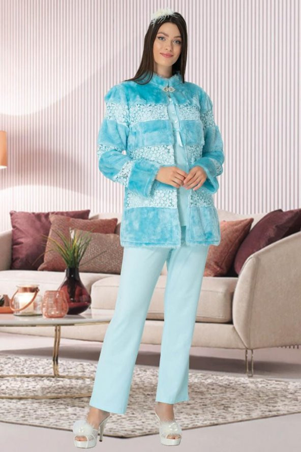 Mecit 5129 Turkuaz Peluş Detaylı Lohusa Pijama Takımı - 3