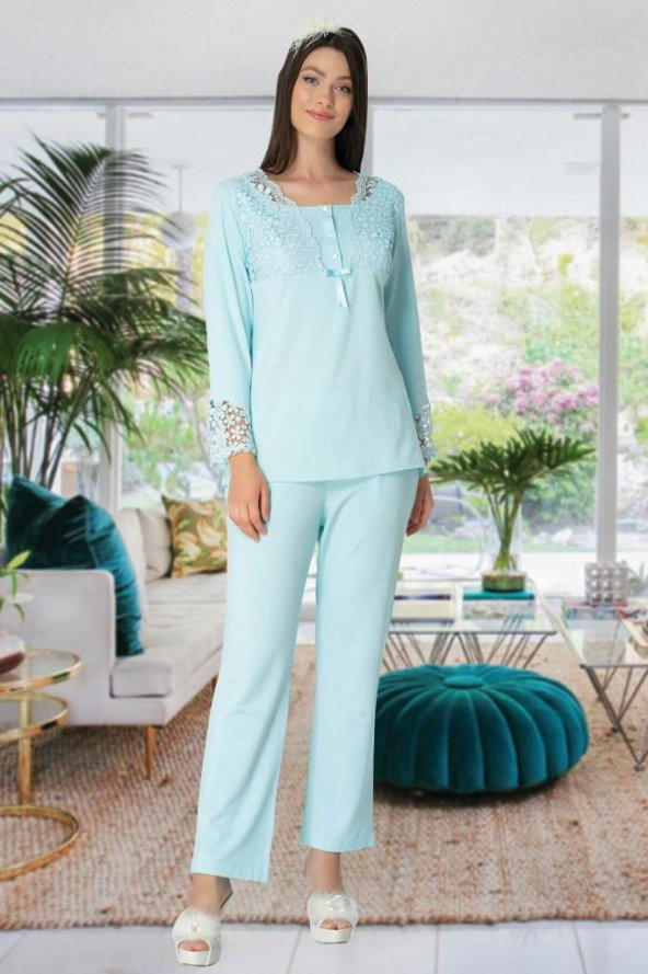 Mecit 5129 Turkuaz Peluş Detaylı Lohusa Pijama Takımı - 4