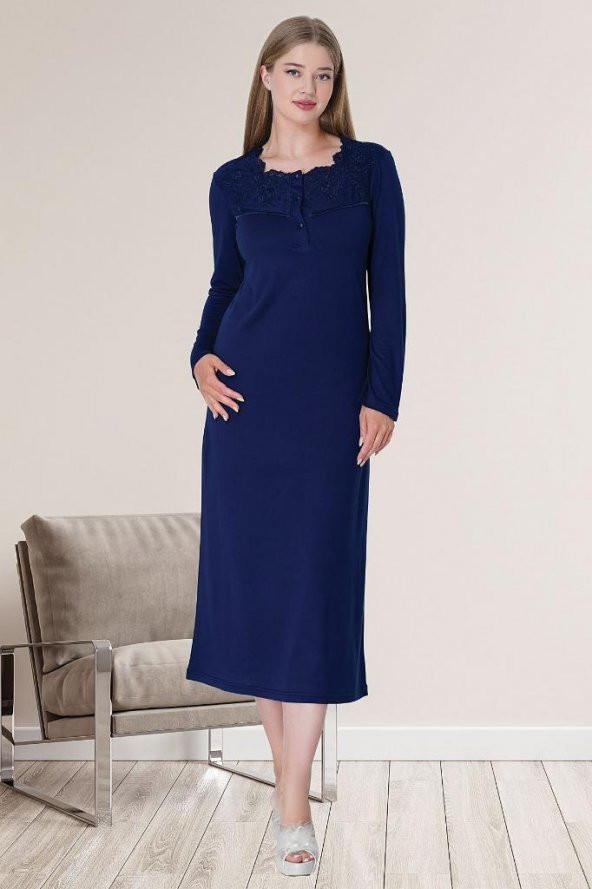 Mecit 5724 Lacivert Kadın Kadife Sabahlık Pijama Gecelik Set - 7