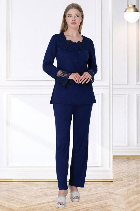Mecit 5724 Lacivert Kadın Kadife Sabahlık Pijama Gecelik Set - 8