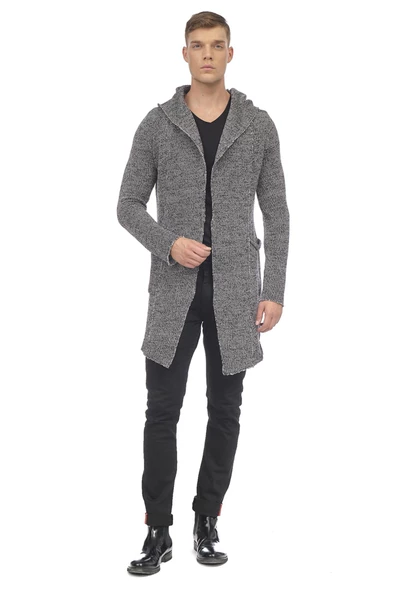 Erkek Kapüşonlu Cepli Triko Uzun Salaş Spor Hırka - 5