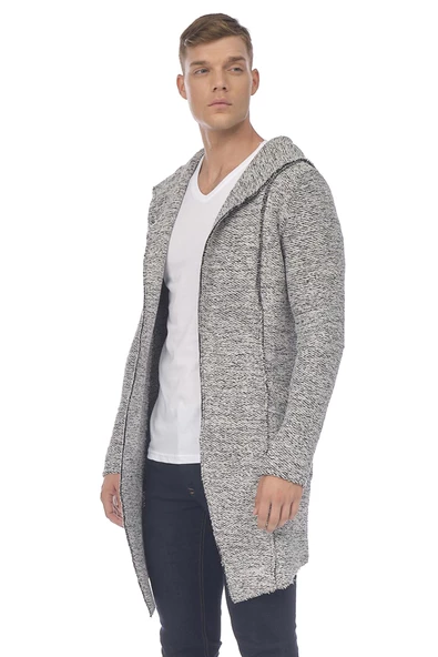 Erkek Kapüşonlu Cepli Triko Uzun Salaş Spor Hırka - 10