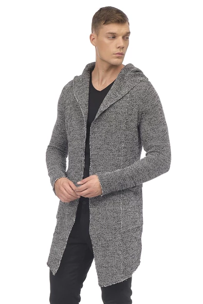 Erkek Kapüşonlu Cepli Triko Uzun Salaş Spor Hırka - 3