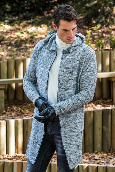 Erkek Kapüşonlu Cepli Triko Uzun Salaş Spor Hırka - 6