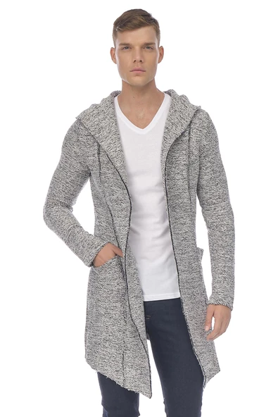 Erkek Kapüşonlu Cepli Triko Uzun Salaş Spor Hırka - 7