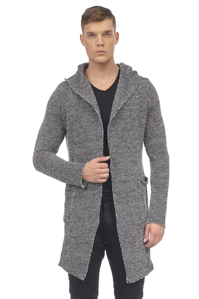 Erkek Kapüşonlu Cepli Triko Uzun Salaş Spor Hırka - 2