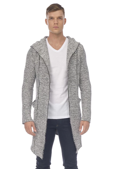 Erkek Kapüşonlu Cepli Triko Uzun Salaş Spor Hırka - 11