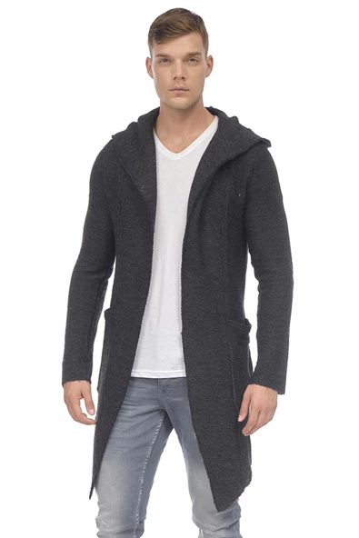 Erkek Kapüşonlu Cepli Triko Uzun Salaş Spor Hırka - 12