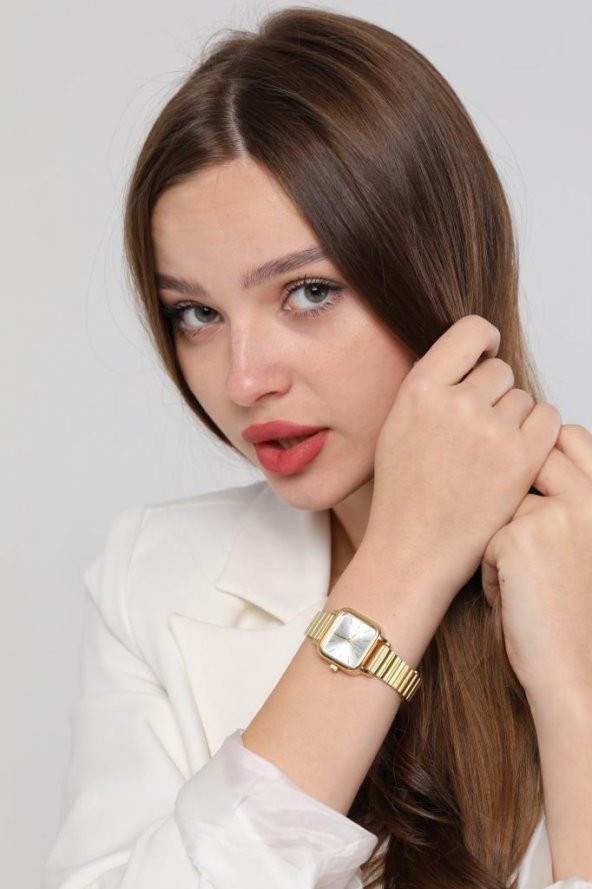 Minimal Kare Altın Kasa Gümüş Kadran Kadın Kol Saati - Resim 3