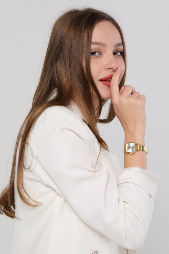 Minimal Kare Altın Kasa Gümüş Kadran Kadın Kol Saati - Resim 6