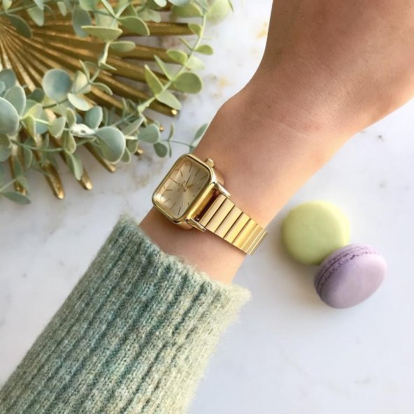 Minimal Kare Altın Kasa Gümüş Kadran Kadın Kol Saati - Resim 7