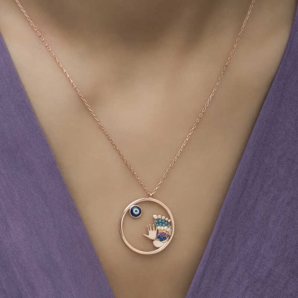 925 Ayar Gümüş Nazarlı El ve Ayak İzi Kadın Gümüş Kolye - Resim 5