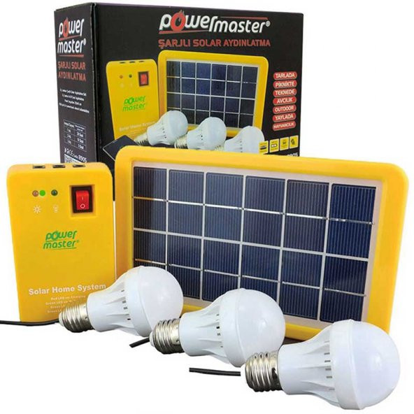 Powermaster Güneş Panelli 3 Lambalı Powerbank özellikli çok amaçlı solar set