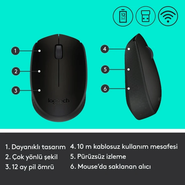 Logitech M171 USB Alıcılı Kablosuz Kompakt Mouse - Siyah - 7