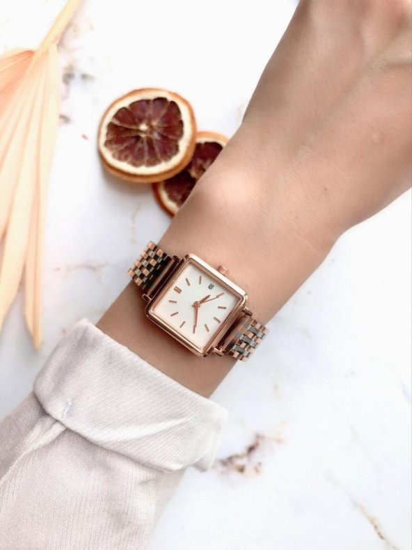 Minimal Kare Rose Kasa Rose Gümüş Kordon Kadın Kol Saati - 3