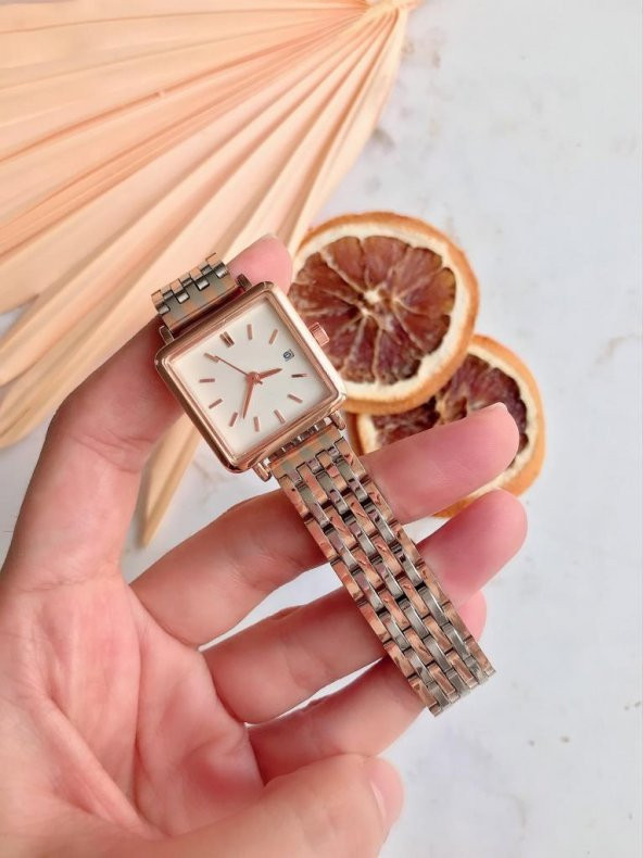 Minimal Kare Rose Kasa Rose Gümüş Kordon Kadın Kol Saati - 7