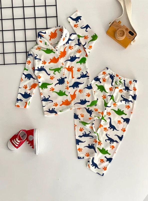 Neşeli Bebekler Dinazor Desen Penye Pijama Takımı