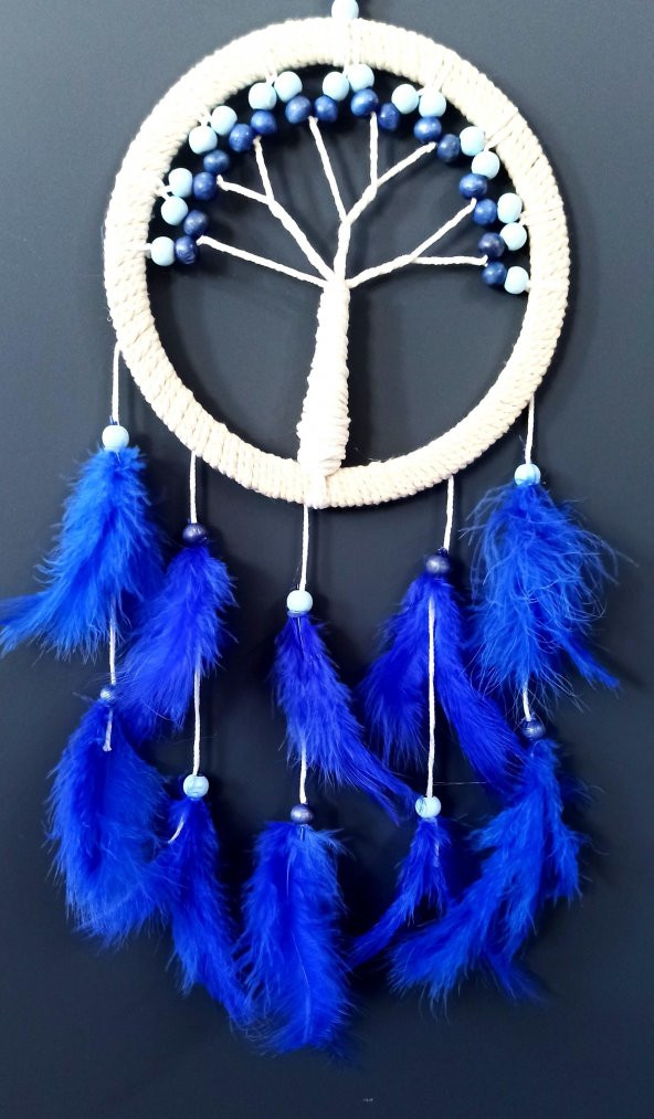 Saks Mavisi Kuş Tüylü Hayat Ağacı Dream Catcher Duvar Süsü ürün görseli
