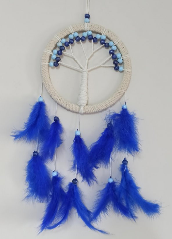 Saks Mavisi Kuş Tüylü Hayat Ağacı Dream Catcher Duvar Süsü - Resim 2