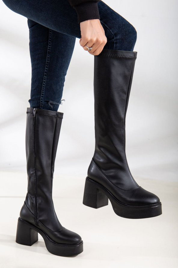 Cindy Streç Topuklu Platform Bayan Bot SİYAH CLT - Resim 2