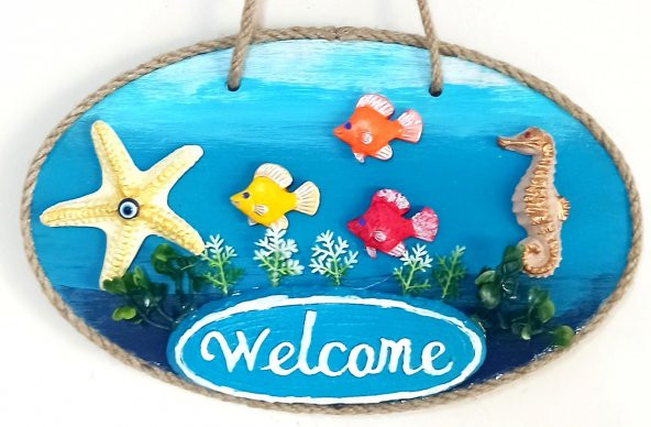 Deniz Temalı Balıklı Deniz Atlı Deniz Yıldızlı Welcome Yazılı El Yapımı Kapı Süsü - 1