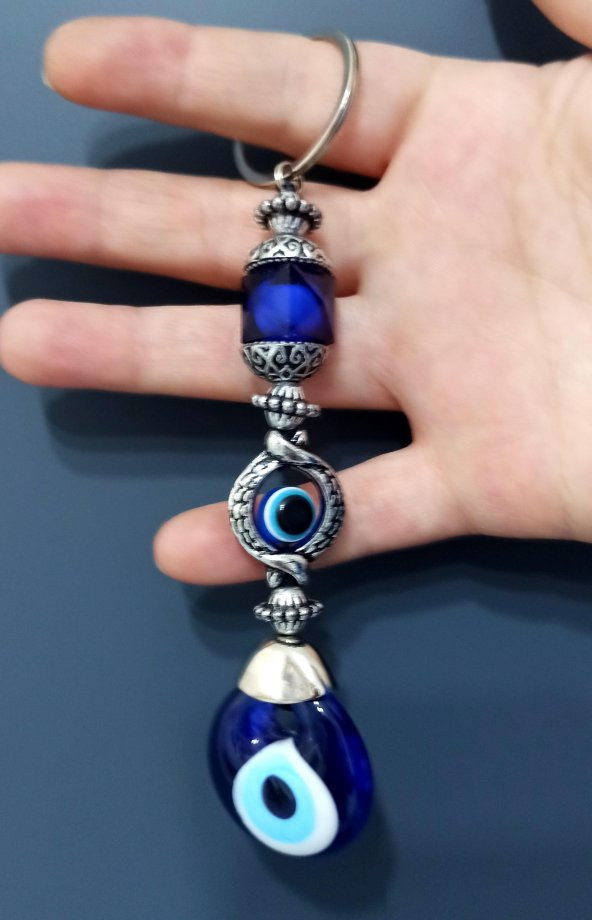 Mavi Kristal Taşlı Nazar Boncuklu Anahtarlık - 3