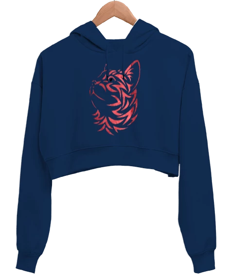 desenli kedi Kadın Crop Hoodie Kapüşonlu Sweatshirt