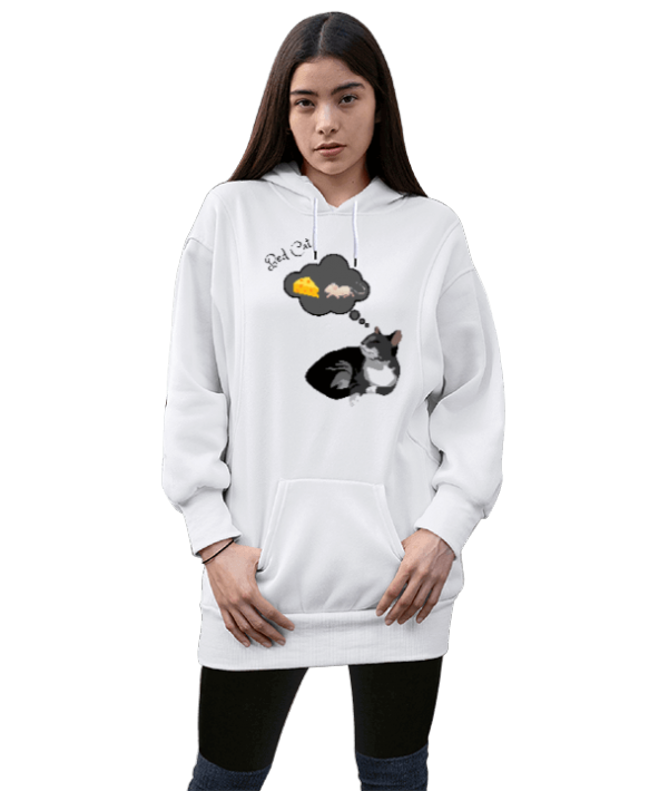 kedi, fare ve peynir figürlü, özel tasarım, Kadın Uzun Hoodie Kapüşonlu Sweatshirt