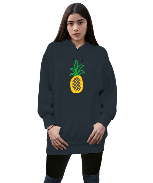 Ananas Tasarımlı  Kadın Uzun Hoodie Kapüşonlu Sweatshirt