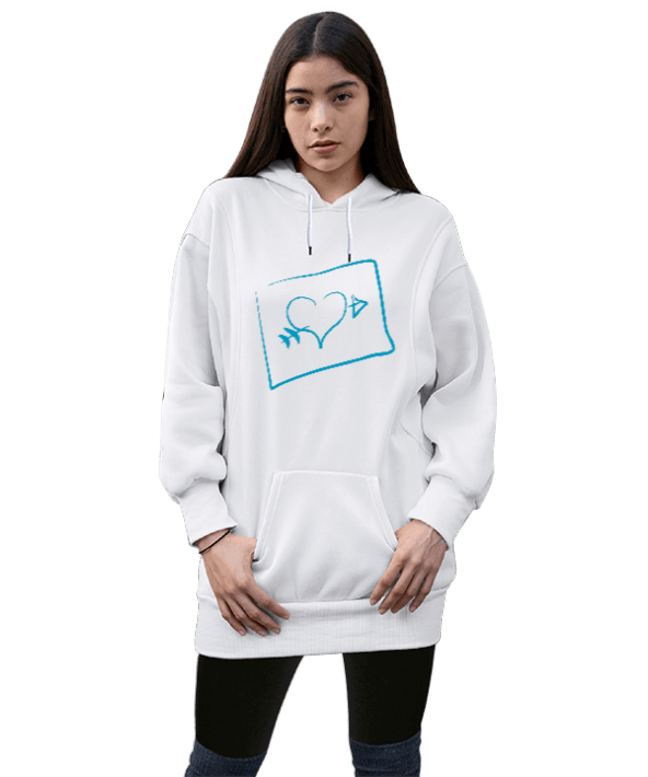 mavi kalp ok mektup tasarımlı Kadın Uzun Hoodie Kapüşonlu Sweatshirt