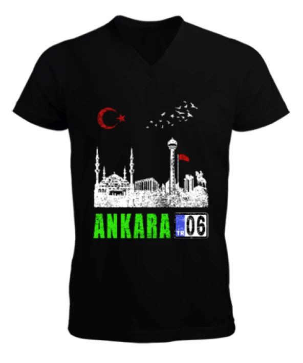 ankara, ankara şehir ,Türkiye,Türkiye bayrağı. Erkek Kısa Kol V Yaka Tişört