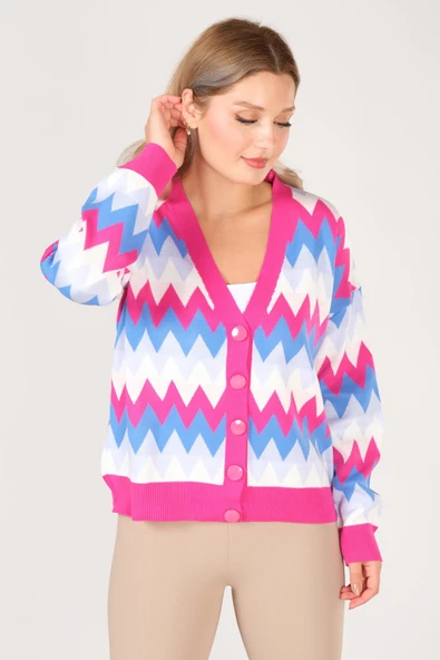 Kadın Zikzak Desenli Renkli Oversize Hırka Fuşya - 2