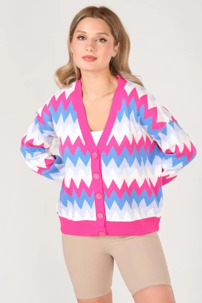 Kadın Zikzak Desenli Renkli Oversize Hırka Fuşya - 3