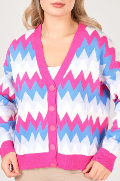 Kadın Zikzak Desenli Renkli Oversize Hırka Fuşya - 6