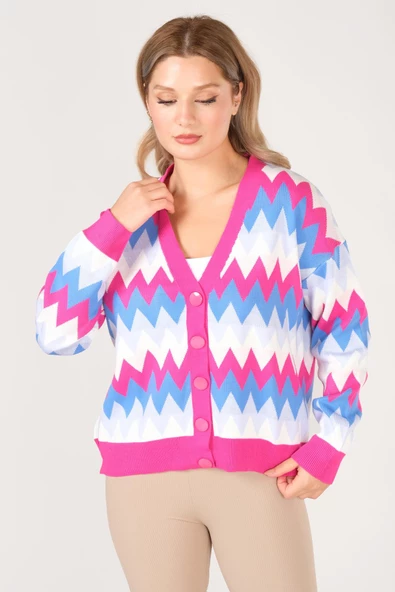 Kadın Zikzak Desenli Renkli Oversize Hırka Fuşya - 4